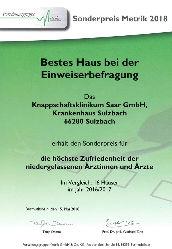 Sonderpreis Metrik 2018: Bestes Haus bei der Einweiserbefragung